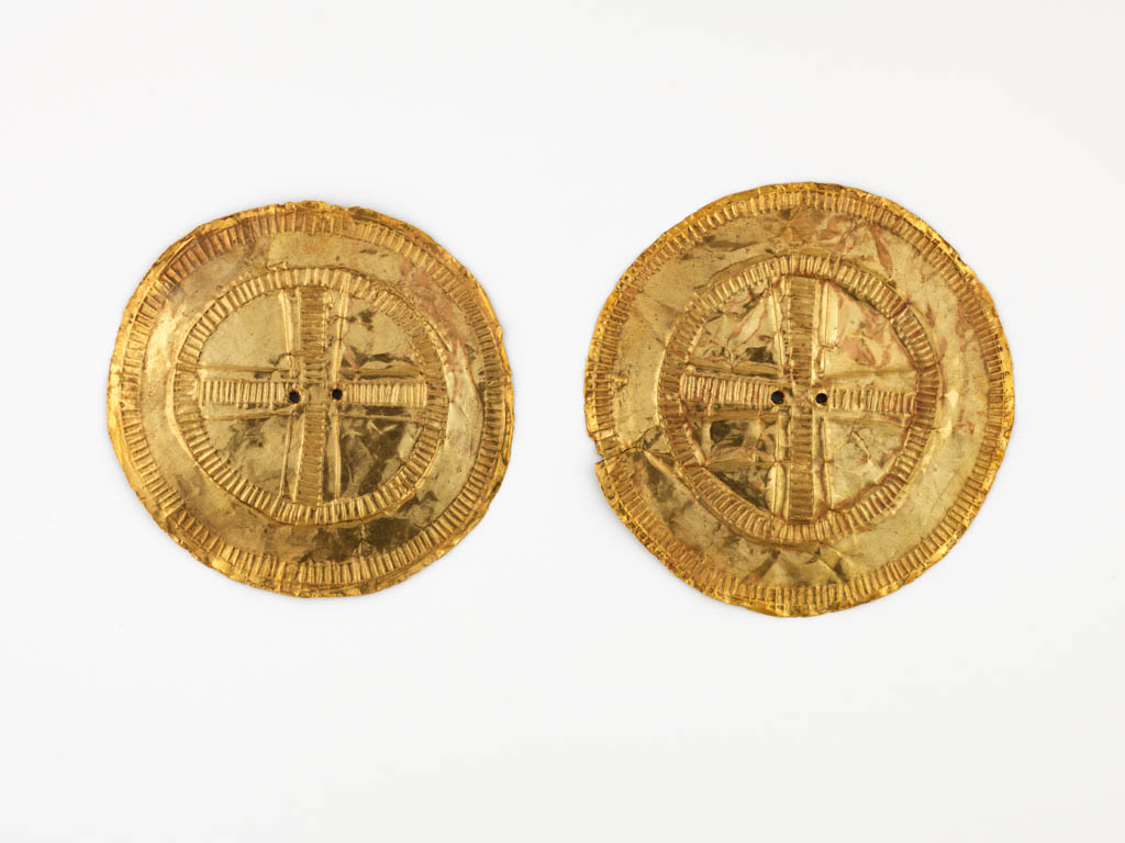 Pair of Gold Discs Tedavnet, Co. Monaghan Early Bronze Age, c. 2200-1800 BC on display at the National Museum of Ireland, Kildare Street. 