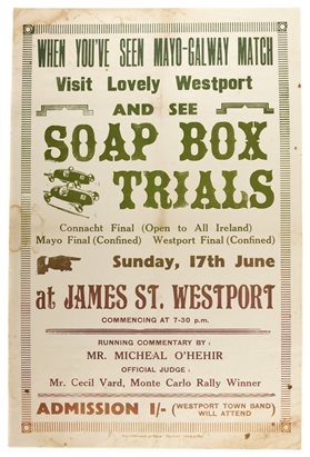Poster for Soap Box race. Mostly text in different fonts and two small graphics.