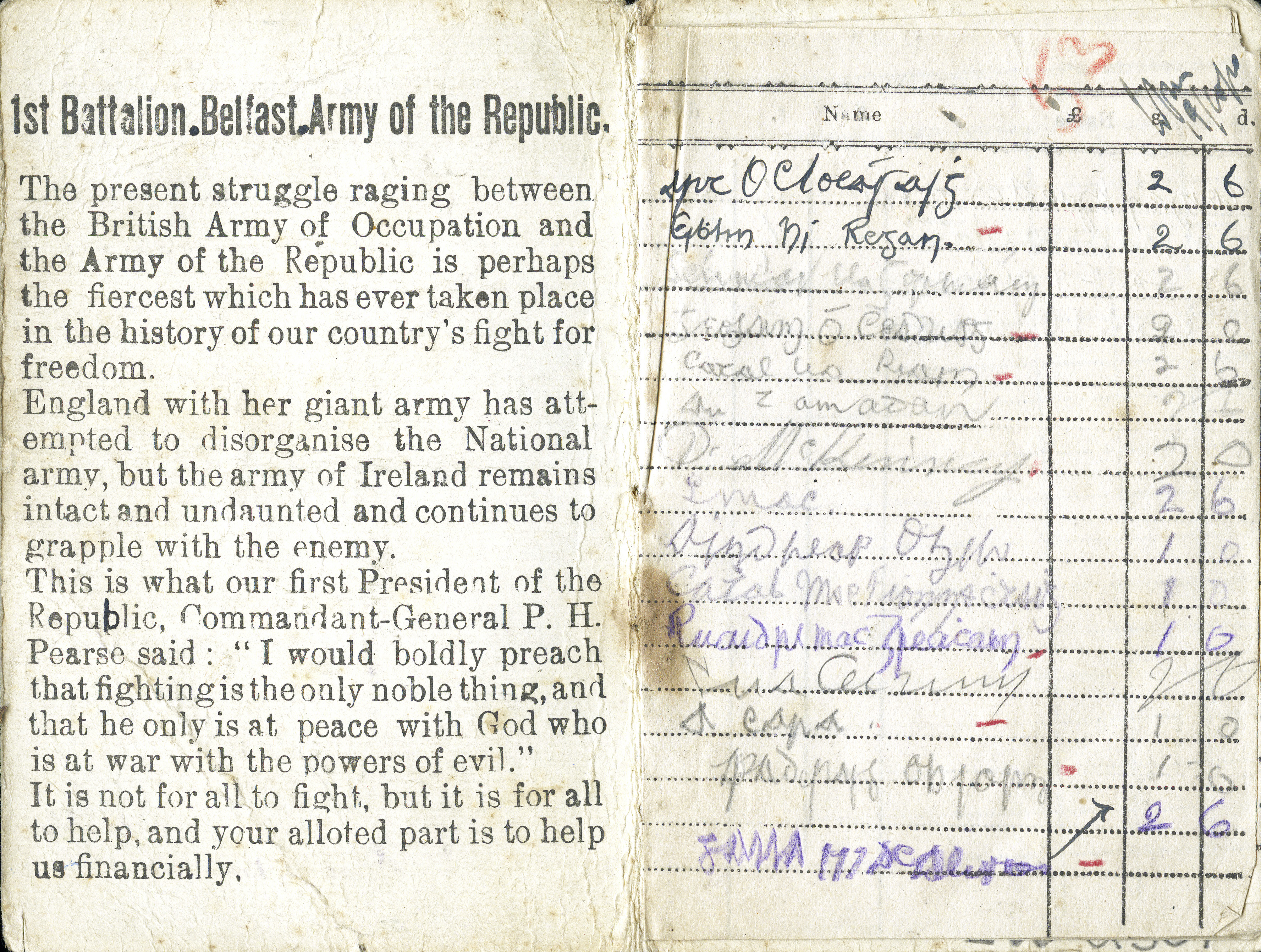 Collection booklet, 1st Battalion, Belfast IRA, 1920