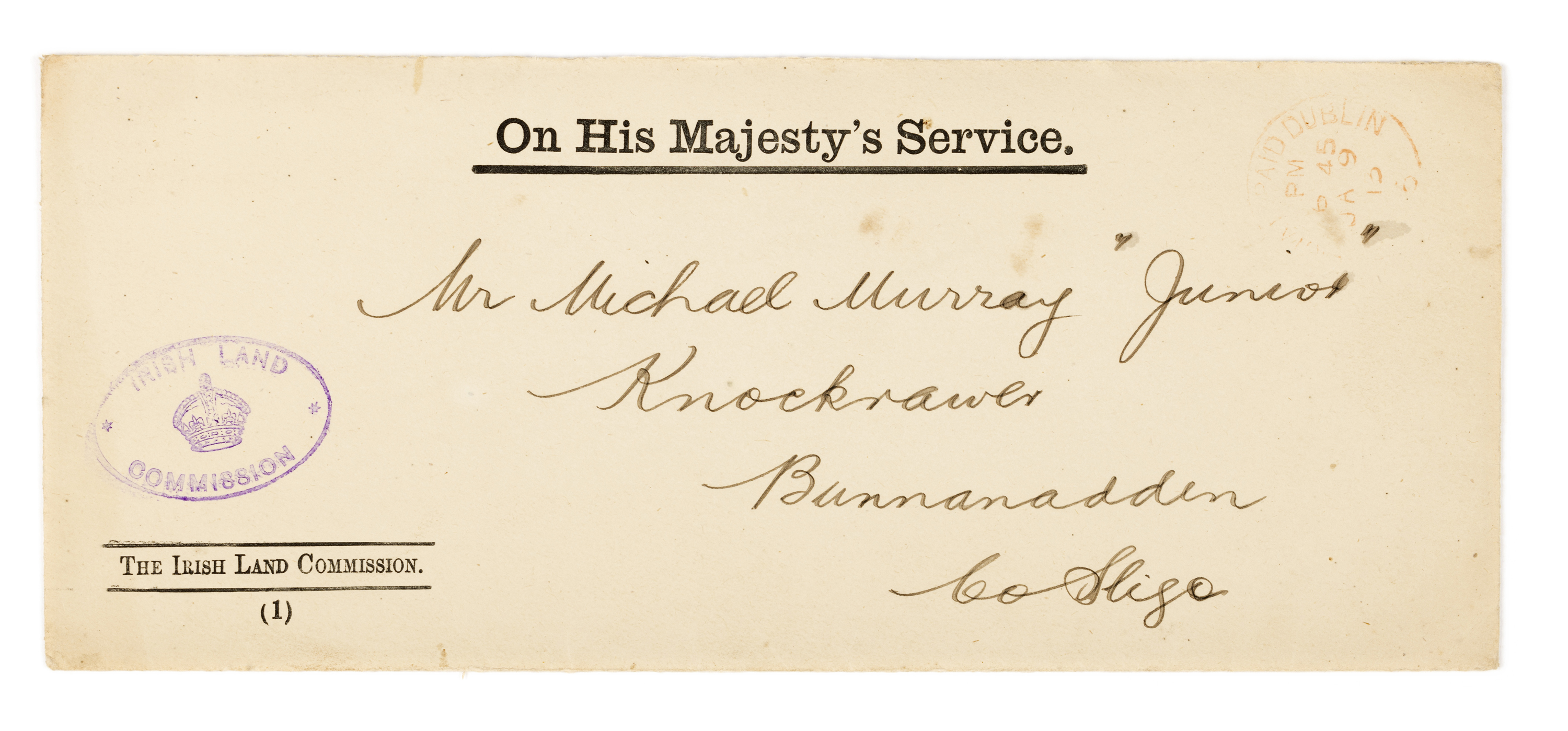 Clúdach litreach ó Choimisiún Talún na hÉireann